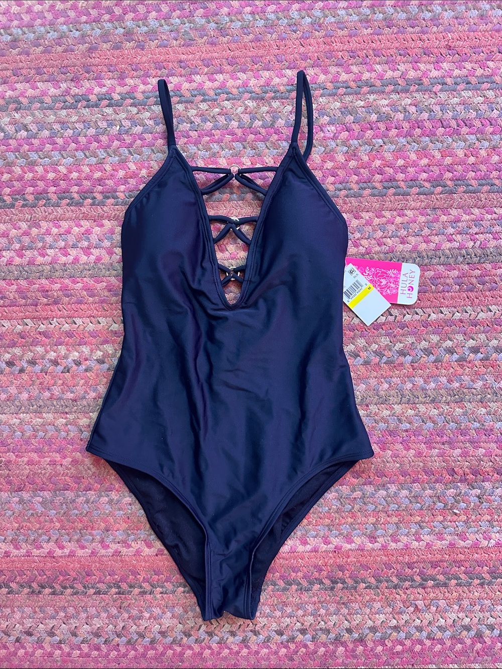 NWT HULA HONEY Black One-Piece O RING STRAPPY Front Swimsuit